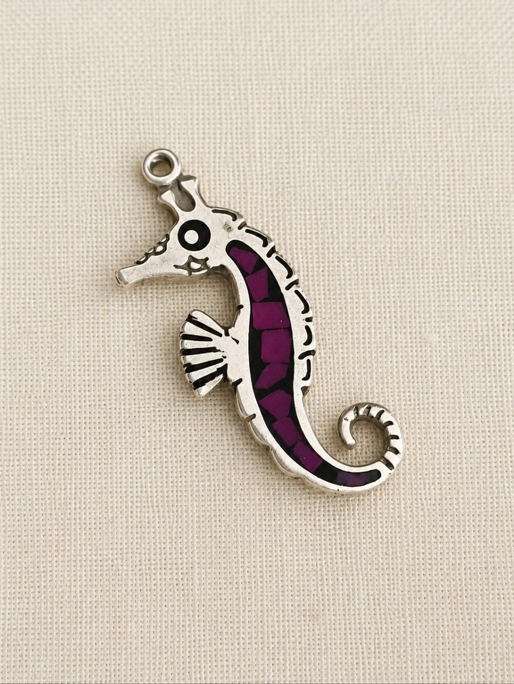 Vintage Mexican 925 Sterling Silver Seahorse Pendant - Purple Mosaic Inlay